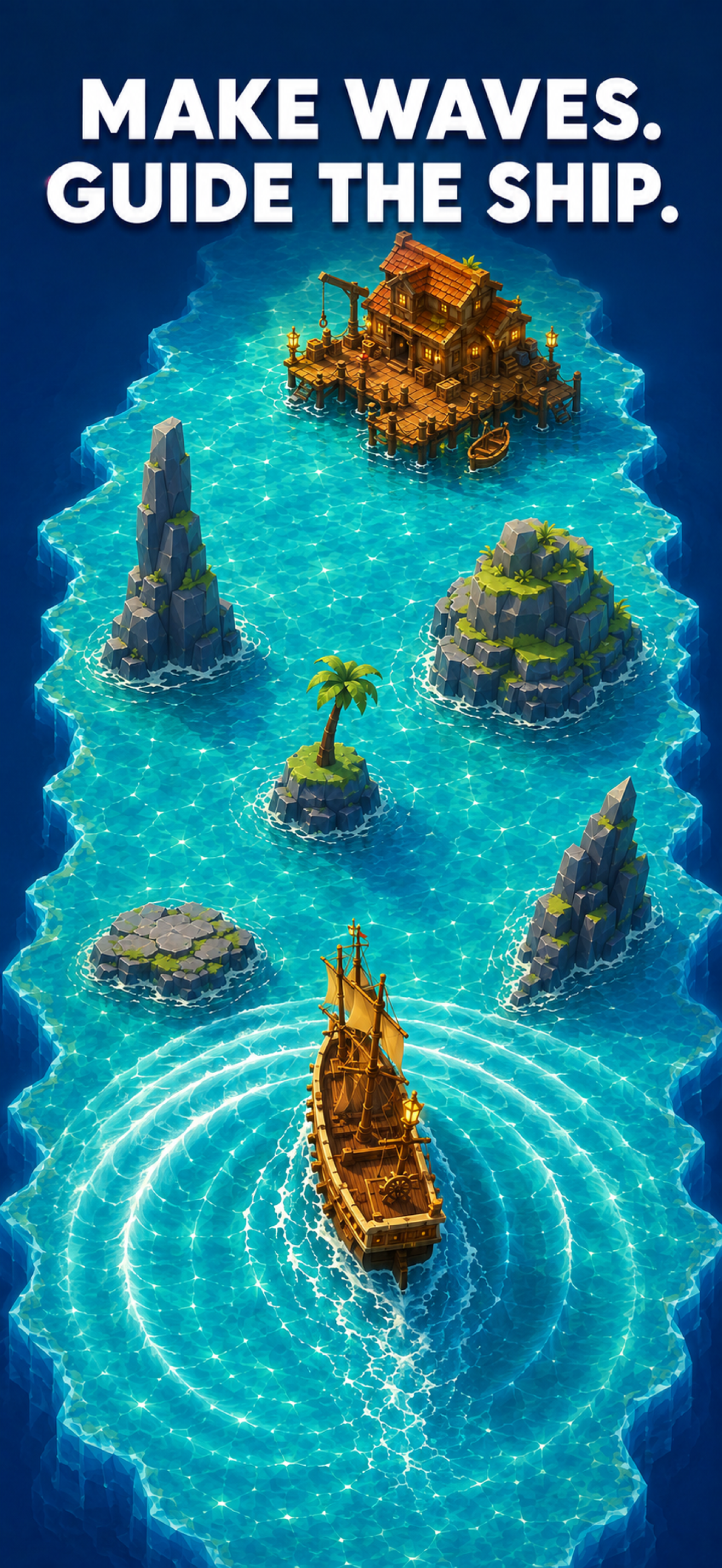 A pirate ship sailing between tropical rocks toward a wooden harbor